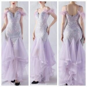 Purple, V Neck, Abstract Print, Ostrich Feathers, Tulle, Mermaid Gown